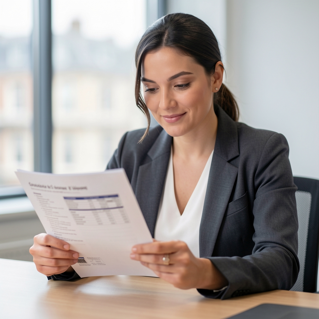 Editorial portrait of a qualified nutrition professional reviewing supplement ingredient documentation at a desk in a clean London studio environment