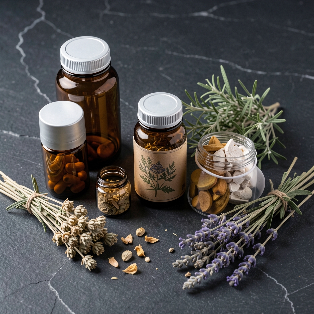 Arrangement of natural botanical ingredients including dried herbs, plant extracts and amber glass supplement containers on a dark stone surface, studio lighting