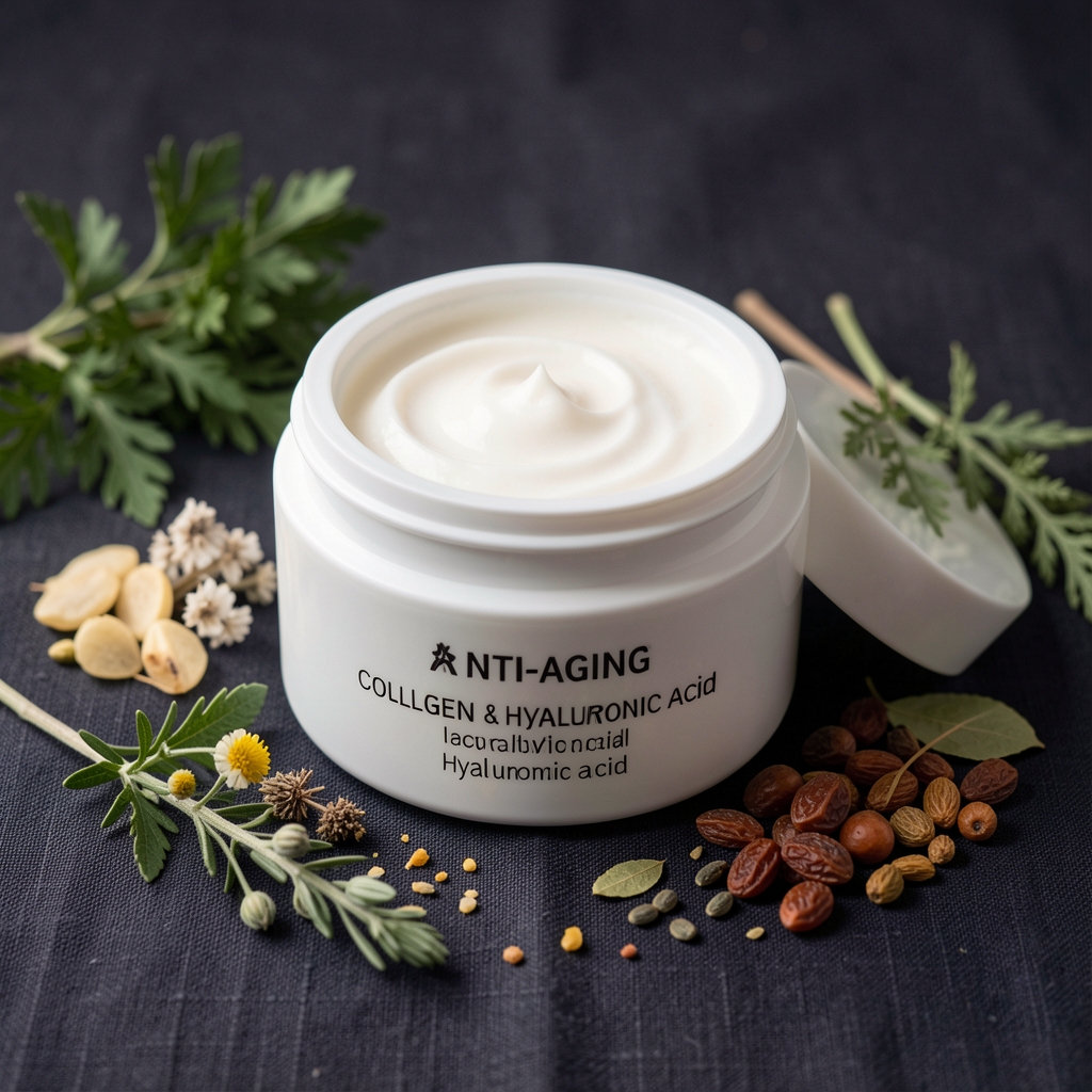Close-up of a white ceramic pot of anti-aging face cream with collagen and hyaluronic acid, surrounded by natural botanical extracts on a dark linen surface