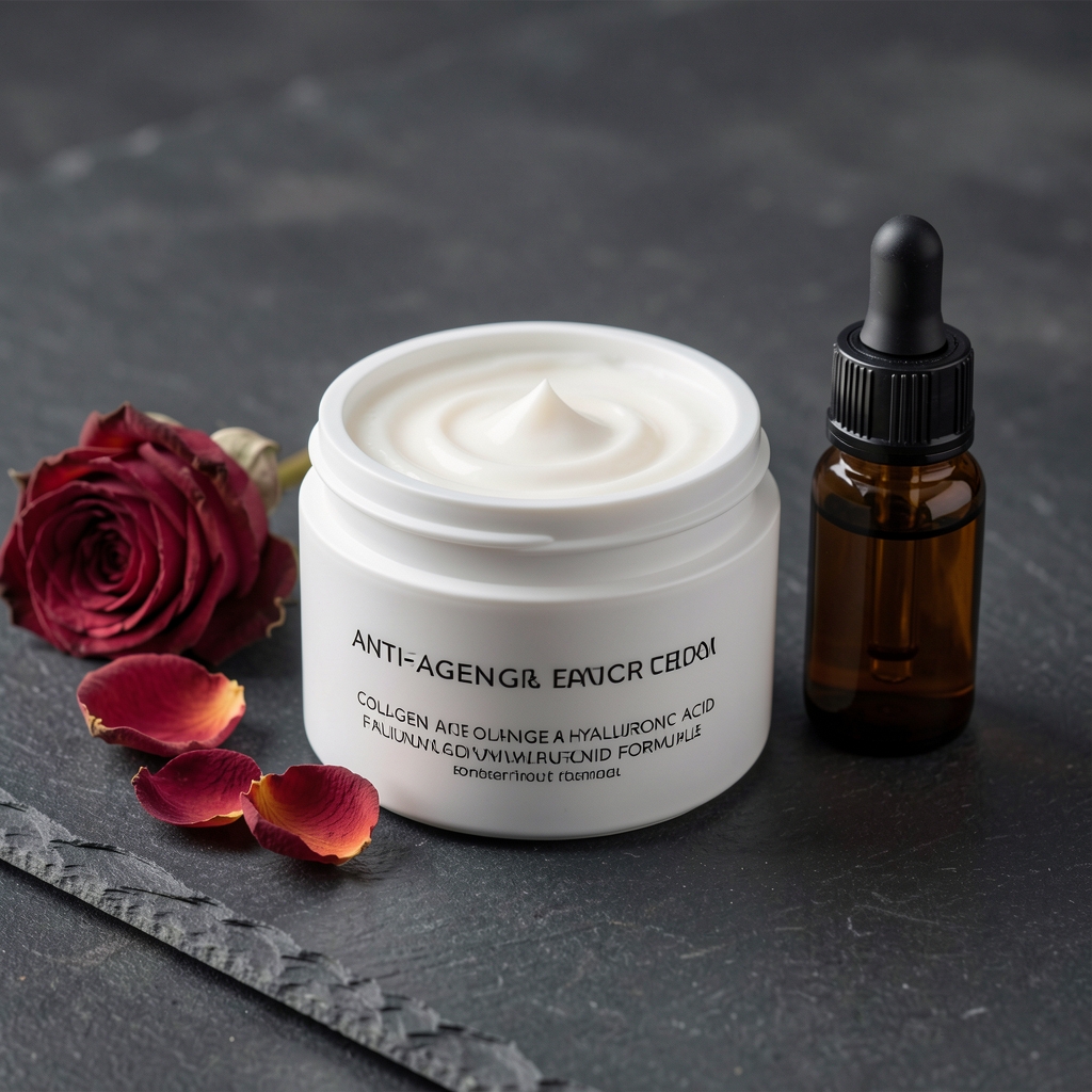 White ceramic jar of anti-aging face cream with collagen and hyaluronic acid formula on a dark stone surface beside dried rose petals and a small amber dropper bottle