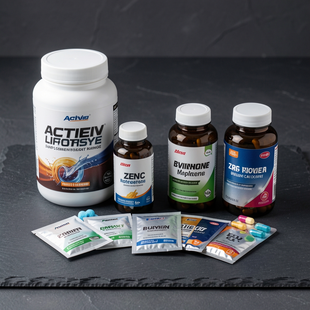 Active lifestyle supplement range including protein formulation containers, zinc and magnesium capsule bottles, and B-vitamin complex sachets arranged on a dark slate surface