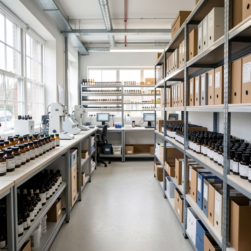Wide-angle view of the Grolan documentation studio in London, showing rows of ingredient sample bottles, labelling stations, and archive folders on clean industrial shelving