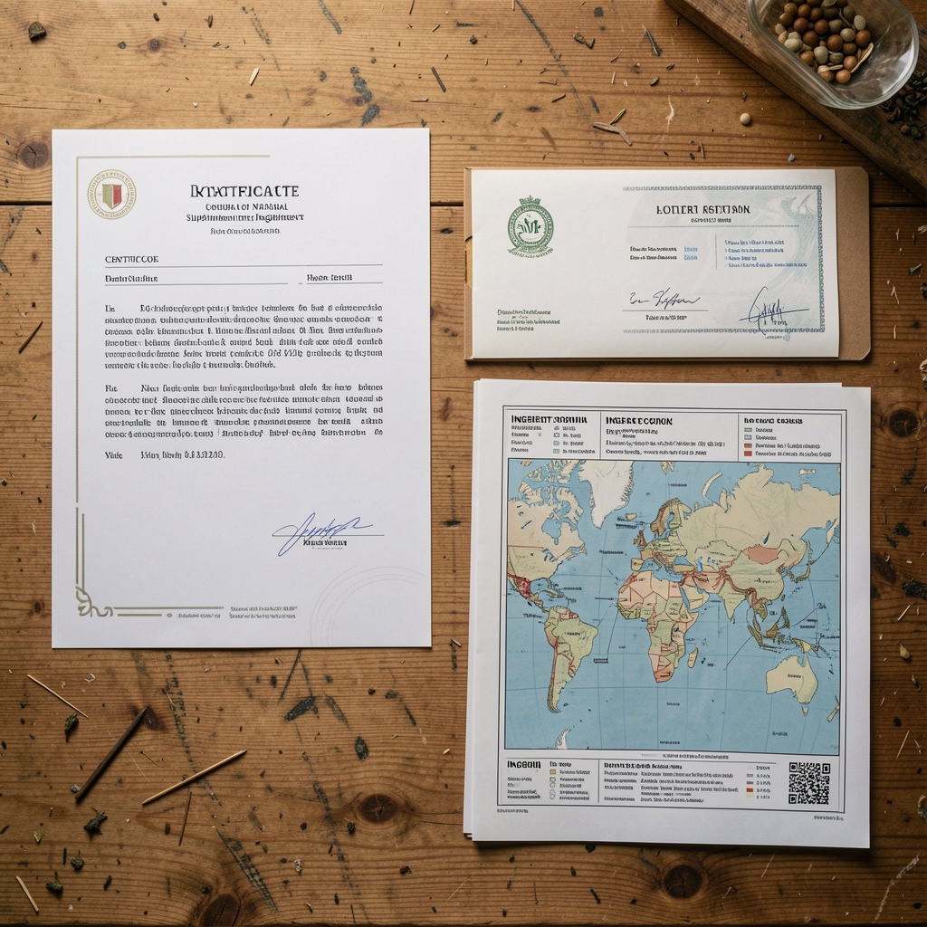 Sourcing documentation laid flat on a wooden work surface — certificates of composition, lot record folders, and ingredient origin maps for natural supplement ingredients